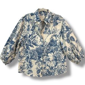 Weekend Max Mara Condor Floral Balloon Sleeve Linen Cotton Button Shirt 8